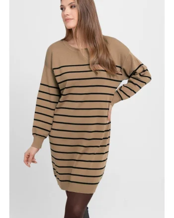 Rochie cu dungi  G-Senti, tricot, maro, maneca lunga, Maro