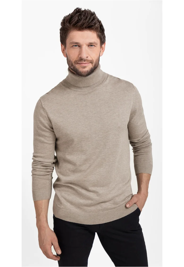 Pulover tricotat fin cu guler inalt,  S-Max, Bej melange, Bej melange