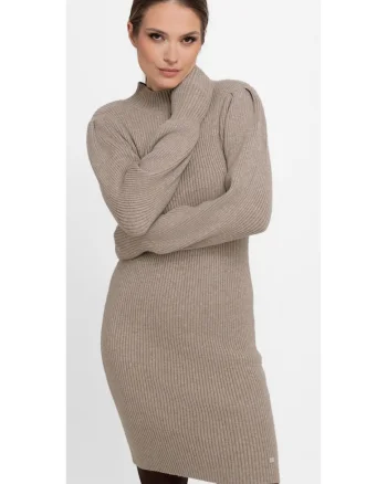 Rochie midi tricotata cu maneci lungi, guler inalt,  G-Nesca, bej, Bej