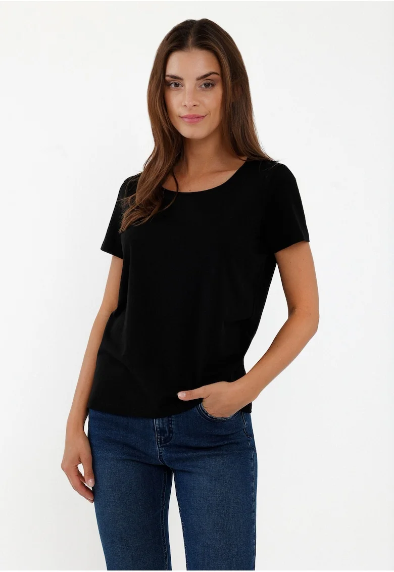 Tricou de bumbac cu decolteu la baza gatului, T‑DIANA,  Czarny, Negru