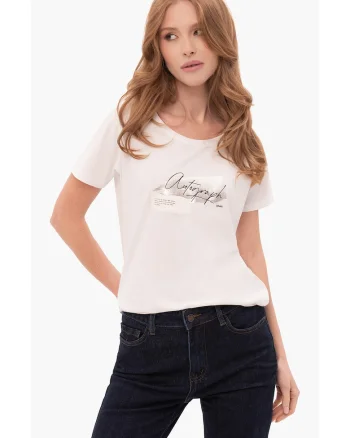 Tricou  T-Note pentru femei din bumbac, alb cu imprimeu