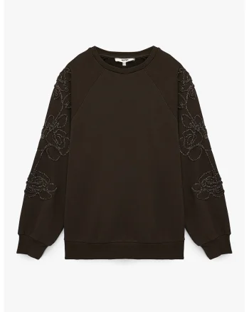 Bluza de trening cu decoratii pe maneci, Maro inchis