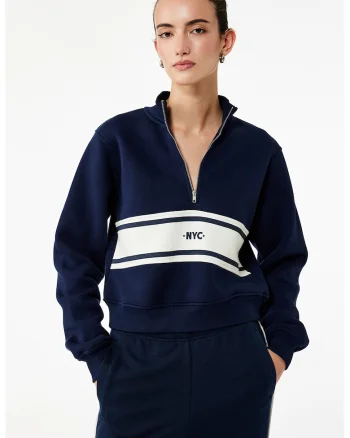 Bluza de trening cu fenta cu fermoar, Albastru inchis/Alb murdar