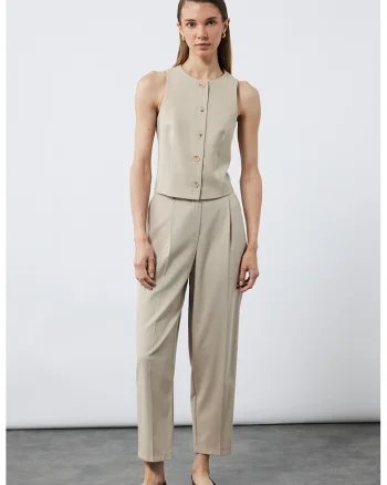 Pantaloni crop cu pensa, Maro nisip