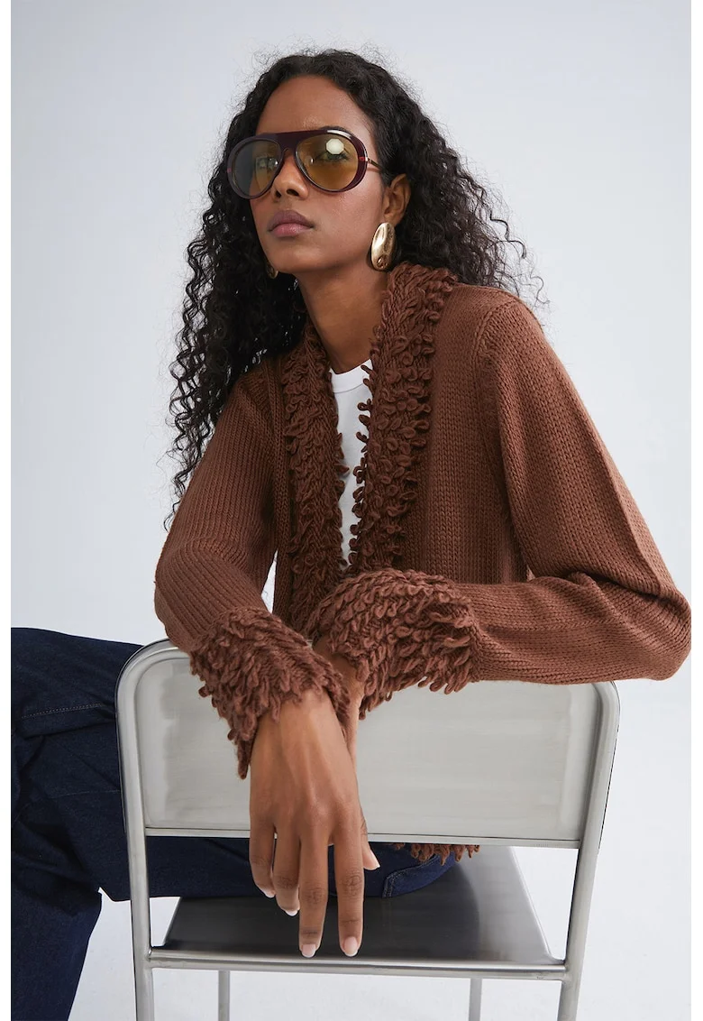 Cardigan uni cu detalii pufoase, fara inchidere, Maro cognac