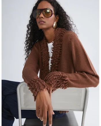 Cardigan uni cu detalii pufoase, fara inchidere, Maro cognac