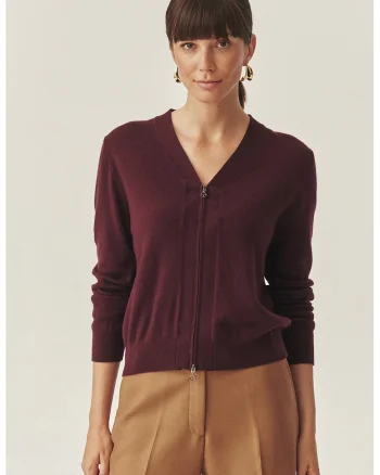 Cardigan cu decolteu in V si fermoar, Violet pruna