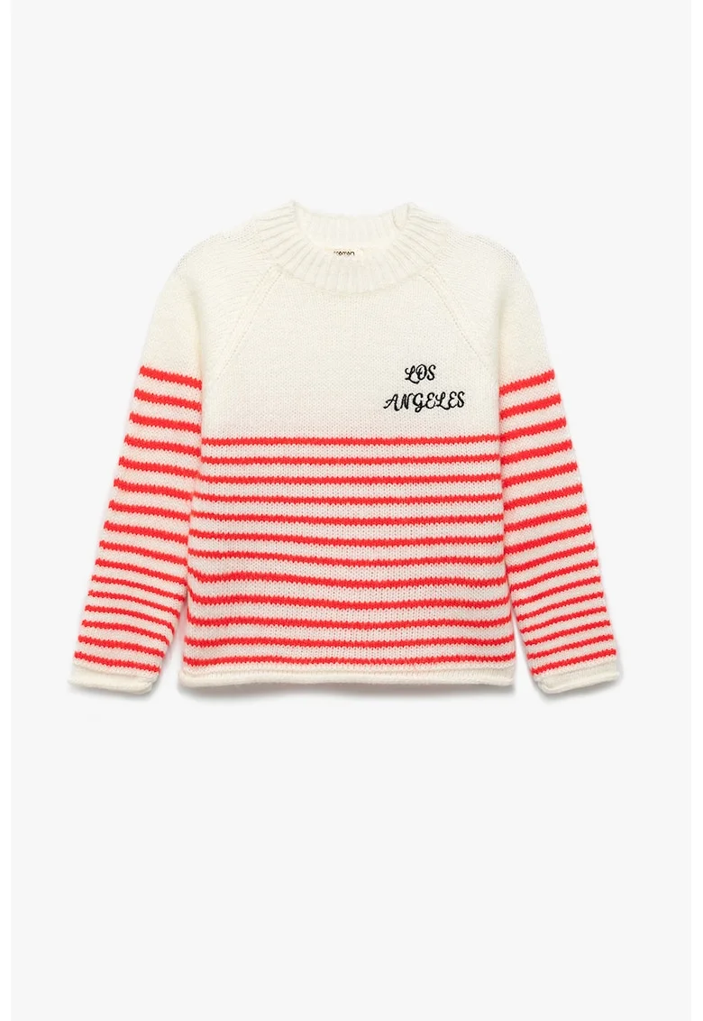 Pulover cu dungi si maneci raglan, Alb fildes/Coral