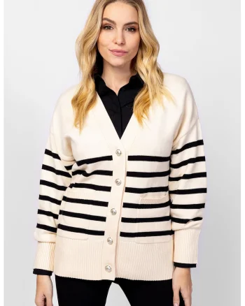 Cardigan lejer cu model in dungi si maneci cazute, Alb fildes