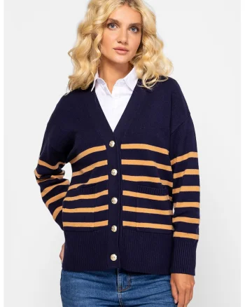 Cardigan lejer cu model in dungi si maneci cazute, Bleumarin