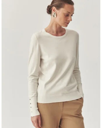 Pulover tricotat fin cu decolteu rotund si model uni, Alb murdar