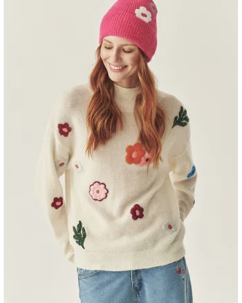 Pulover din amestec de lana cu broderii flroale TATUUM x Adeline Wang, Verde/Visiniu/Alb fildes