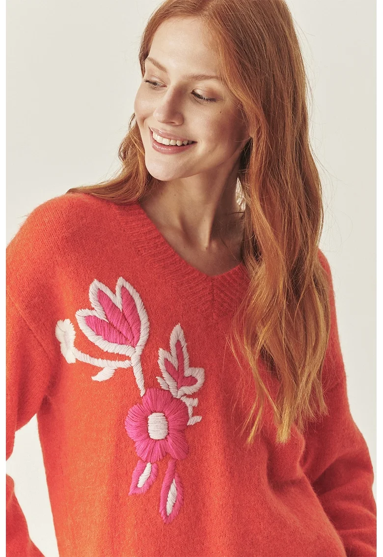 Pulover din amestec de lana cu decolteu in V TATUUM x Adeline Wang, Alb/Coral/Roz
