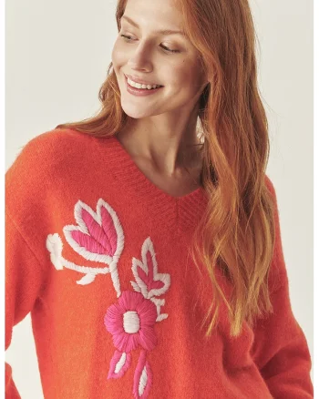 Pulover din amestec de lana cu decolteu in V TATUUM x Adeline Wang, Alb/Coral/Roz