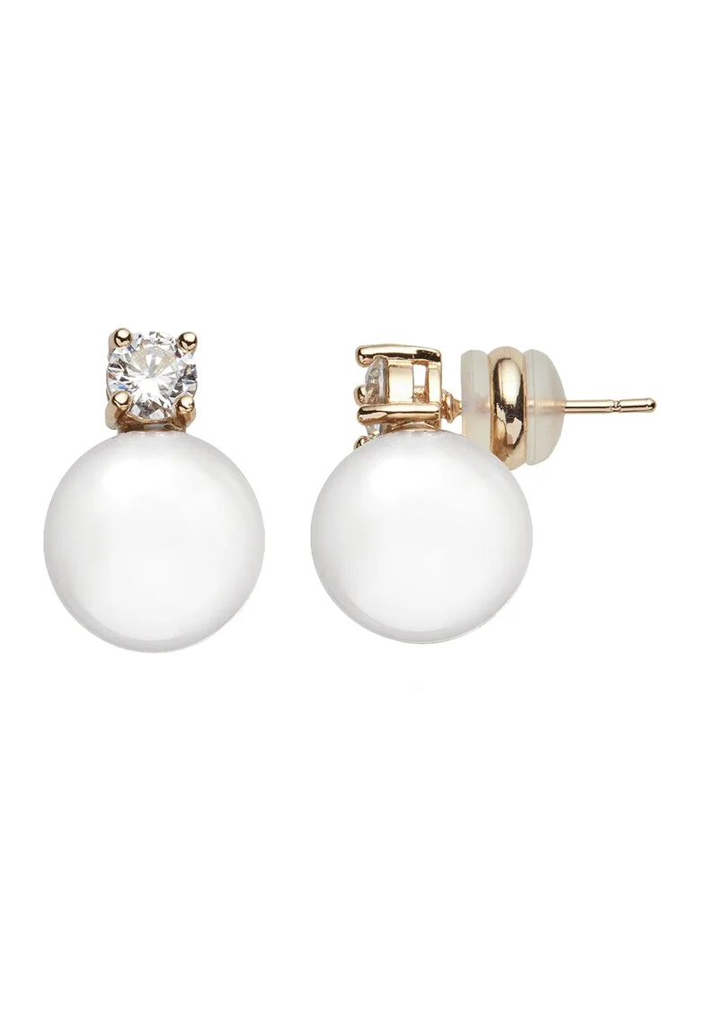 Cercei decorati cu perle de sticla si zirconia, Alb, Auriu, Alb/Auriu