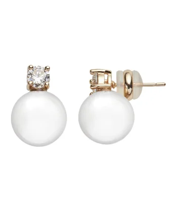 Cercei decorati cu perle de sticla si zirconia, Alb, Auriu, Alb/Auriu