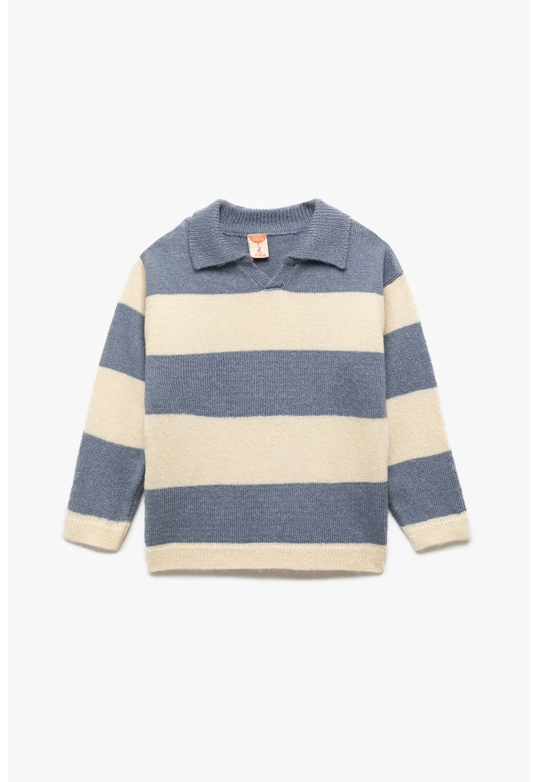 Pulover polo cu dungi, Albastru prafuit/Bej