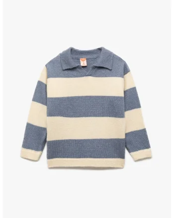 Pulover polo cu dungi, Albastru prafuit/Bej