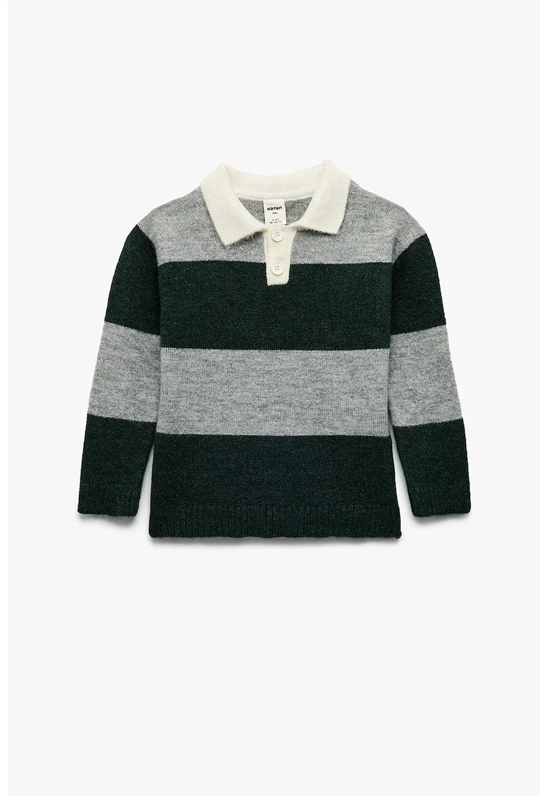 Pulover cu guler polo si dungi, Negru/Gri inchis