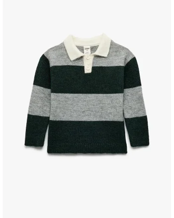 Pulover cu guler polo si dungi, Negru/Gri inchis