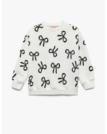 Bluza de trening din amestec de bumbac cu imprimeu funde, Alb fildes/Negru