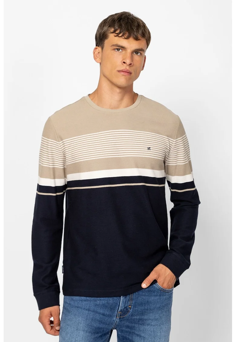 Bluza cu decolteu la baza gatului si dungi, Maro taupe deschis