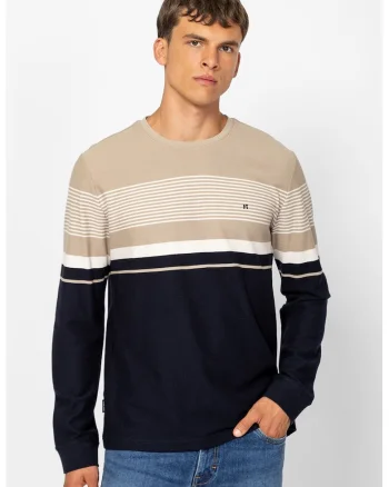 Bluza cu decolteu la baza gatului si dungi, Maro taupe deschis