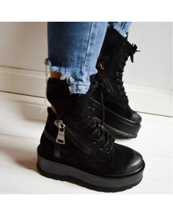 Bocanci din piele cu fermoar decorativ Wings, Negru