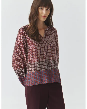 Bluza cu model si decolteu in V, Visiniu/Bej/Albastru