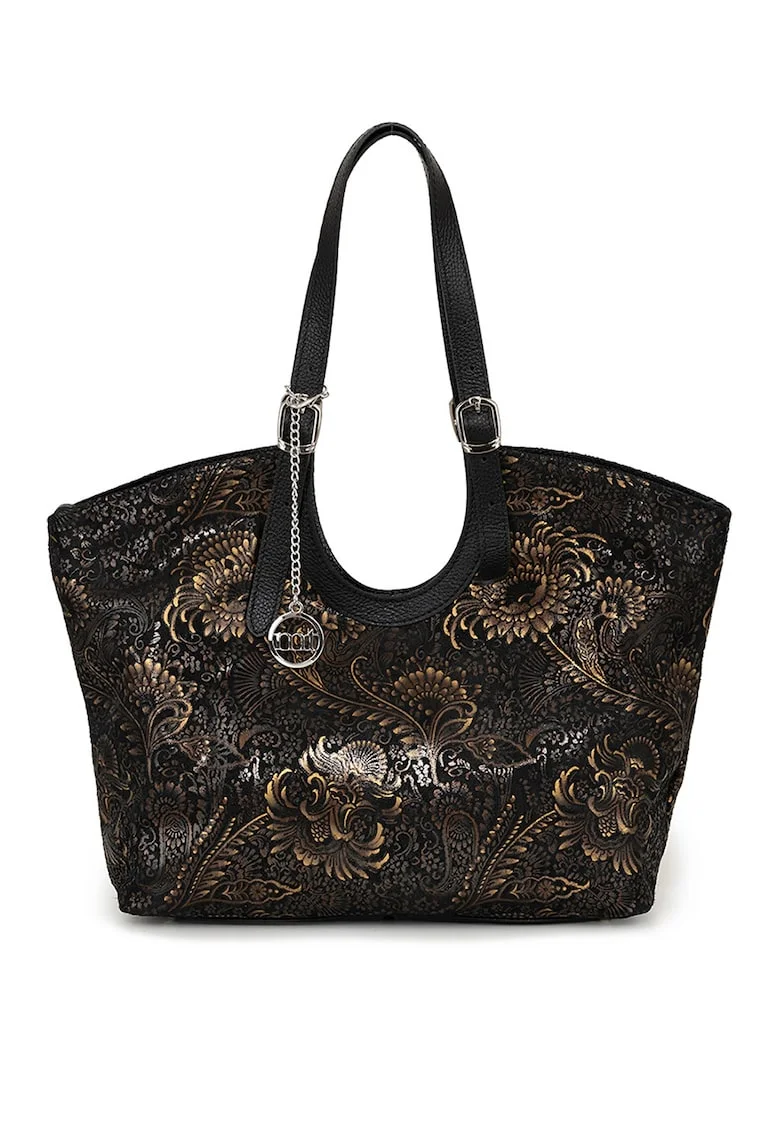 Geanta shopper din piele cu model etnic, Negru/Maro camel