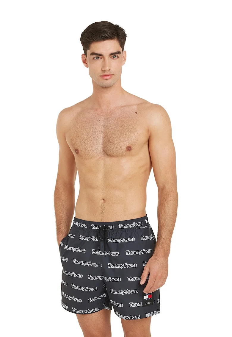 Pantaloni scurti de baie cu logo si talie ajustabila, Alb/Negru