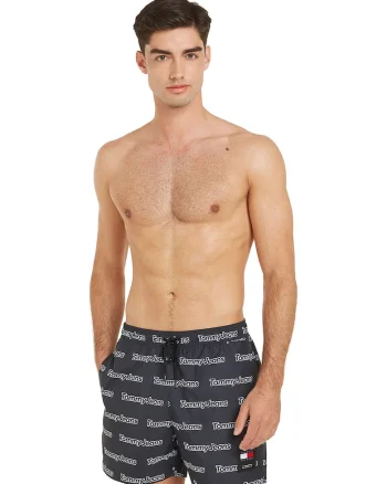 Pantaloni scurti de baie cu logo si talie ajustabila, Alb/Negru