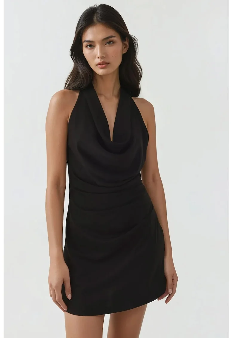 Rochie mini,  decolteu in V, negru, textil, Negru