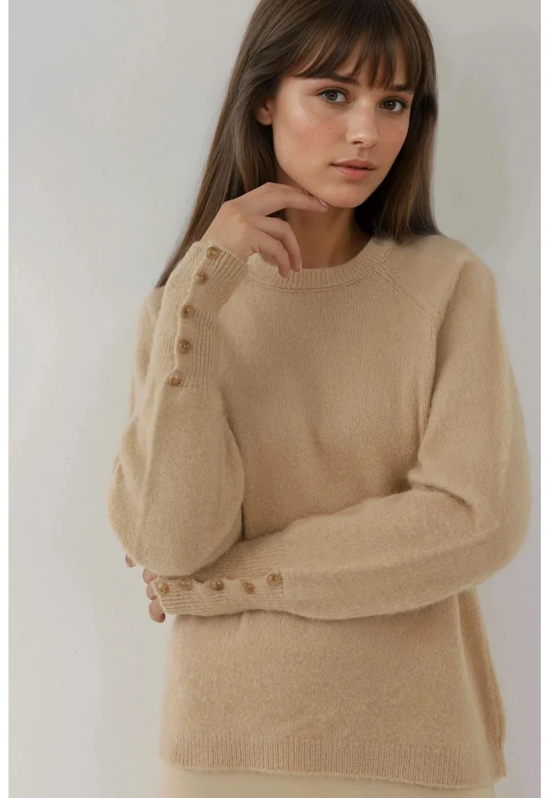 Pulover dama,  cu maneca lunga, textura moale, tricot, Bej Natural,