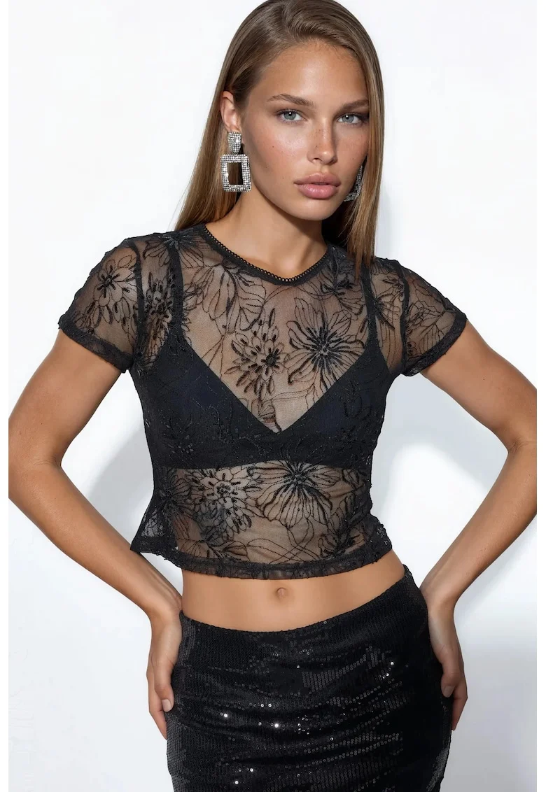 Bluza  slim-fit, neagra, florala, cu paiete, poliester cu lycra