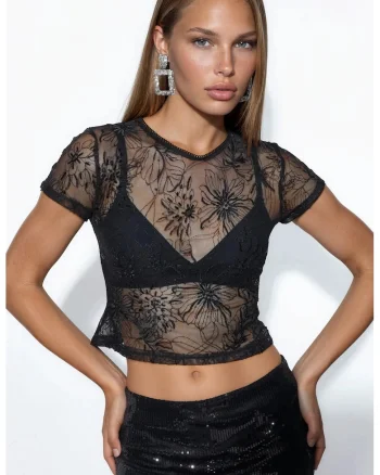 Bluza  slim-fit, neagra, florala, cu paiete, poliester cu lycra