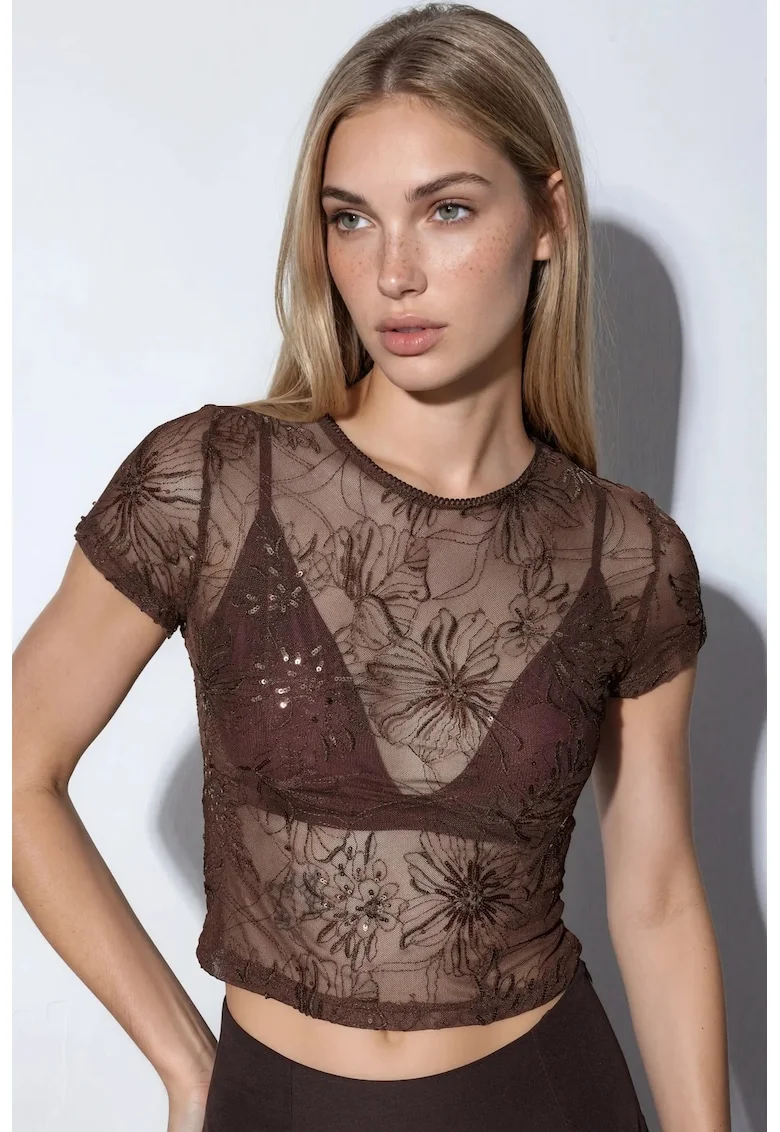 Bluza  slim-fit, floral, cu paiete, maro cafea, poliester cu lycra