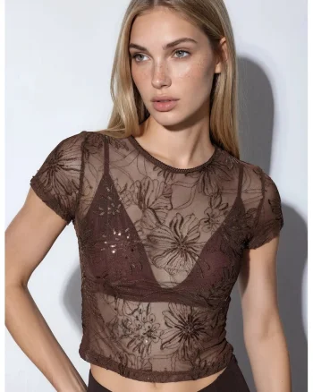 Bluza  slim-fit, floral, cu paiete, maro cafea, poliester cu lycra