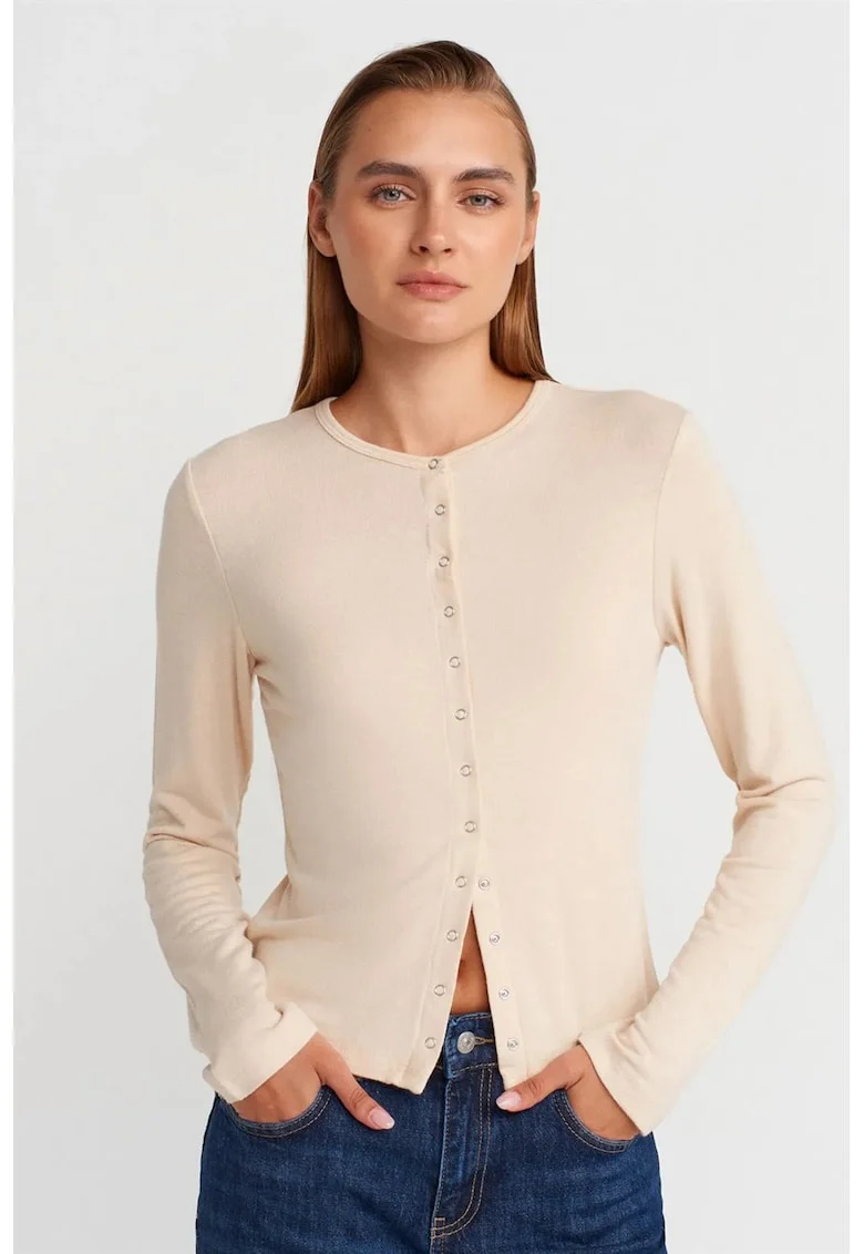 Cardigan Femei,  cu guler rotund, nasturi, Bej Natural, tricotat din viscoza, acril si elastan