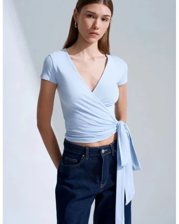 Bluza dama,  detalii cu snur, albastru deschis, modal-bumbac-elastan