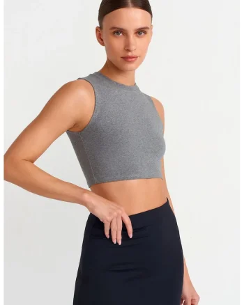 Tricou dama,  top scurt, gri, bumbac reiat,