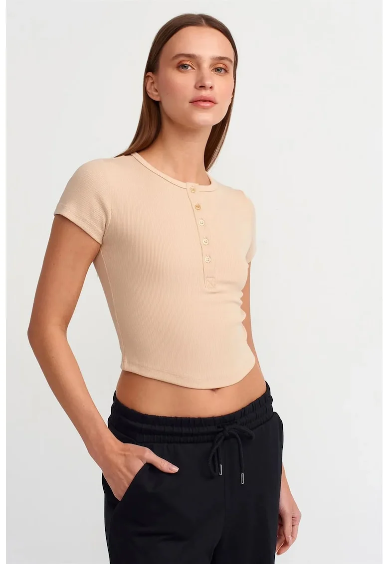 Tricou  pentru femei, scurt, slim-fit, bej natural, 94% bumbac