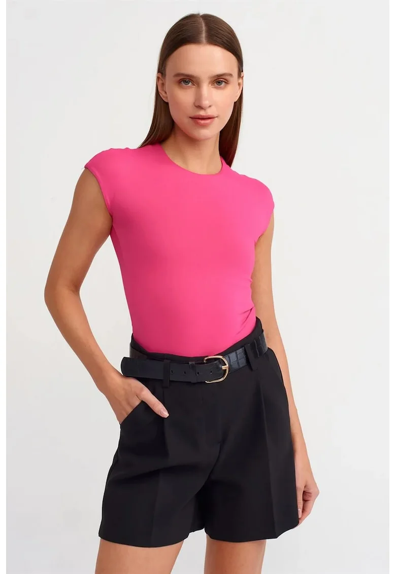 Tricouri dama,  Tricou slim fit, roz aprins, elastic, 90% nailon