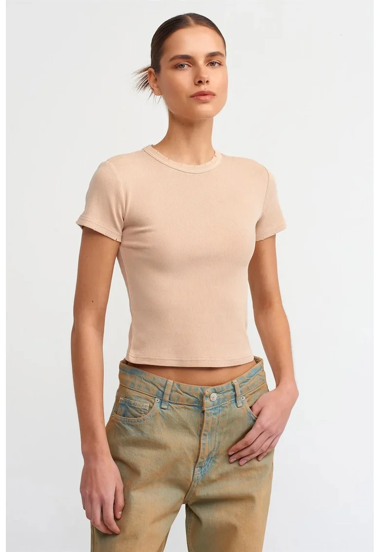 Tricou dama,  slim fit, bej natural, bumbac, Bej Natural