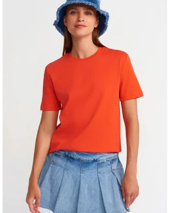 Tricou dama  bumbac 100%, portocaliu aprins, maneca scurta, croiala regular fit