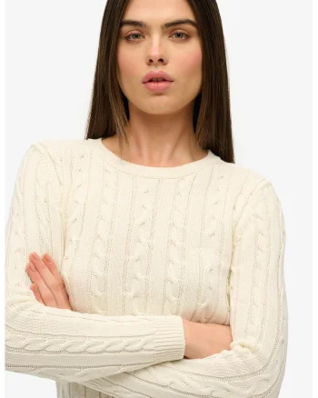 Pulover slim fit cu model torsade, Crem