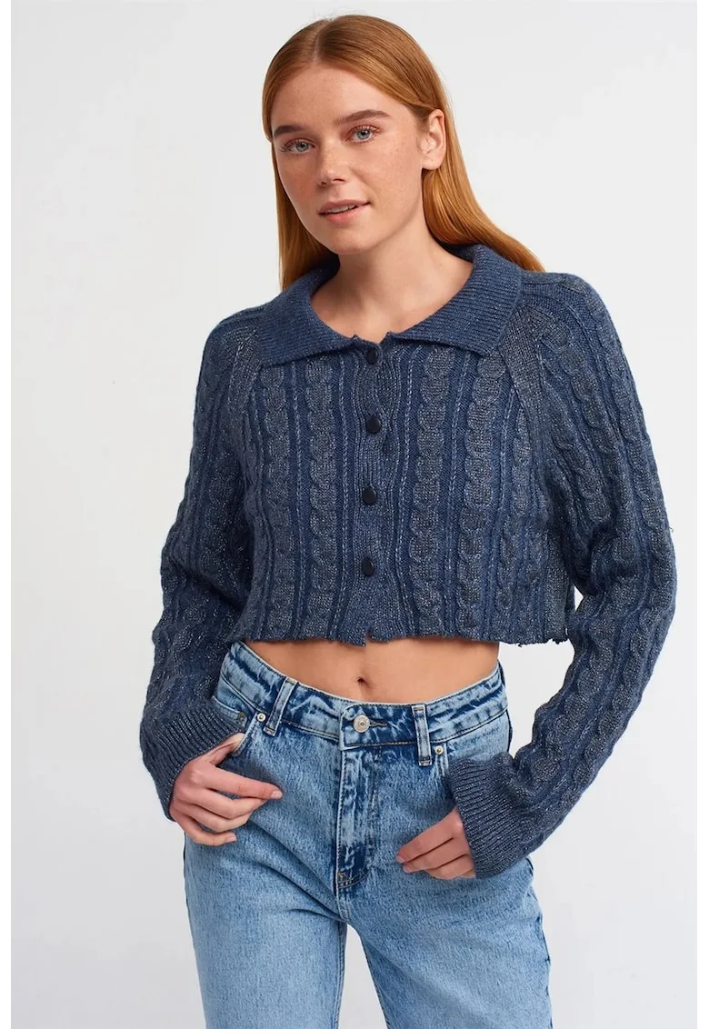 Cardigan  Crop cu nasturi, albastru marin, tricot cablat, maneci lungi, set pentru femei,