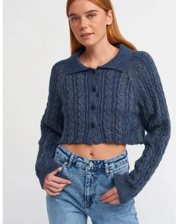 Cardigan  Crop cu nasturi, albastru marin, tricot cablat, maneci lungi, set pentru femei,