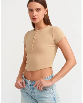 Tricou  dama, scurt, slim fit, cu guler rotund, Bej Natural, bumbac cu elastan