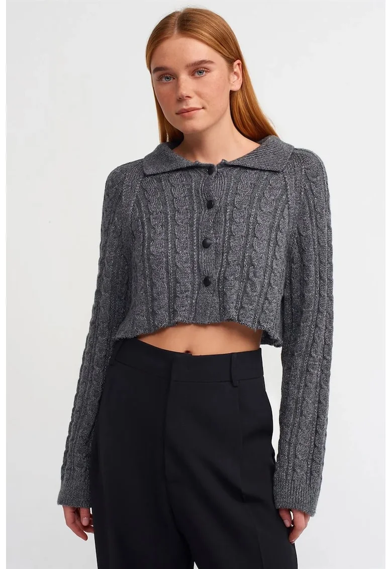 Cardigan,  scurt, gri antracit, tricotat cu nasturi, guler polo,